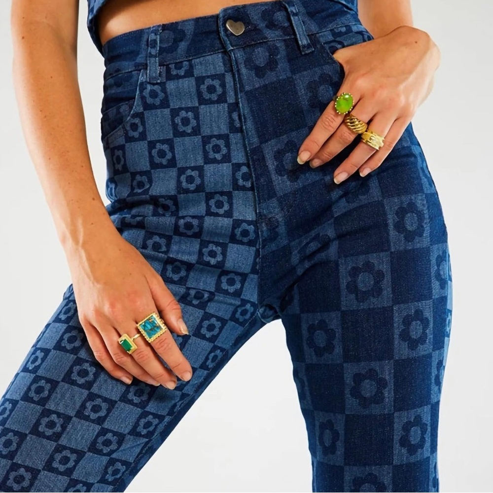 Jaded London High Rise Retro Floral Checkerboard Skinny Flare Jeans - Picture 2 of 9